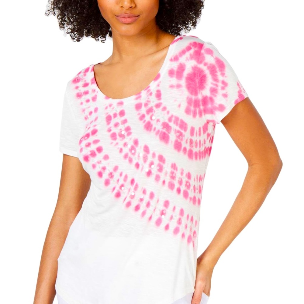 INC International Concepts Pink & white tie-dyed T-shirt with sequins | L
